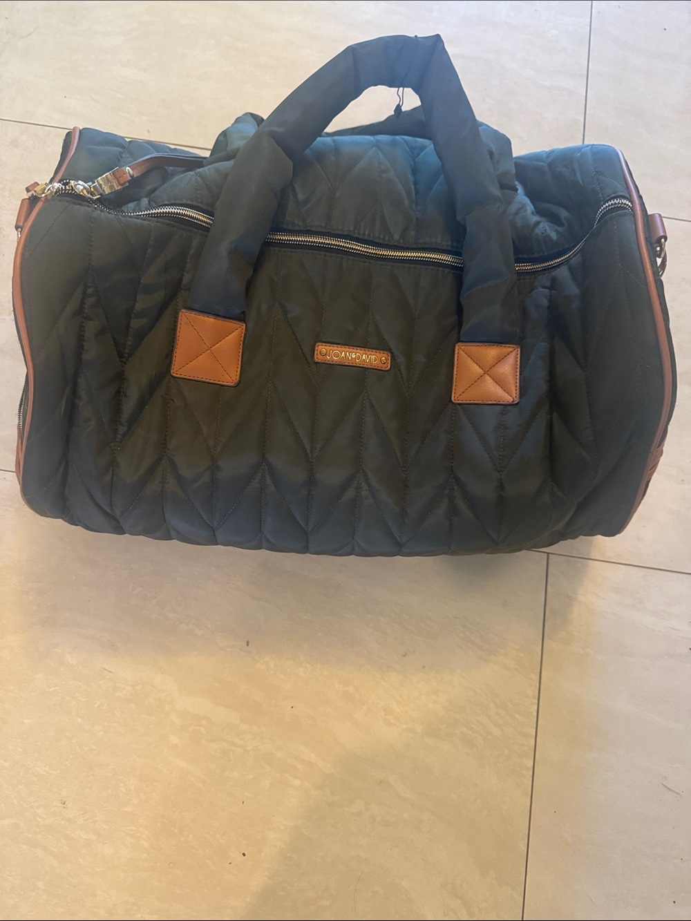 Joan & David Black Quilted Travel Duffel with Brown Trim